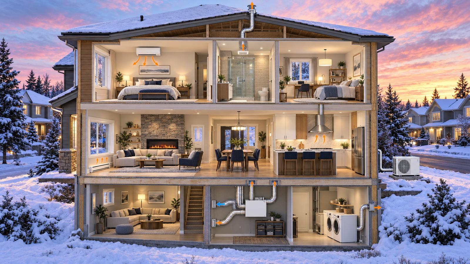 Cutaway of a snow-covered Canadian home with heating, cooling and ventilation systems, including a heat pump and HRV