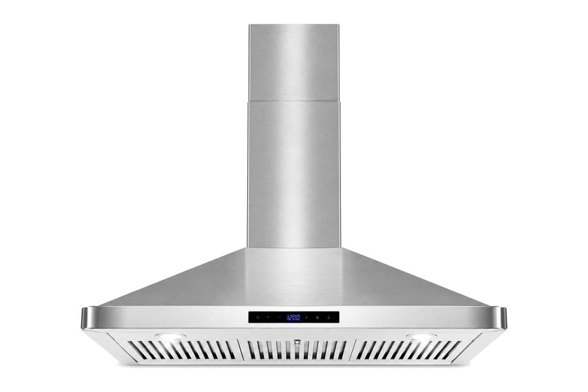 Wall-mounted stainless steel range hood, kitchen ventilation equipment with a digital control panel and LED lights