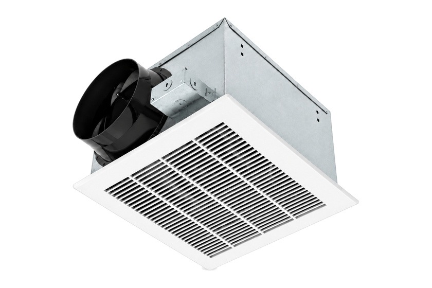 White square bathroom exhaust fan with a slotted grille and black duct collar for a home ventilation system